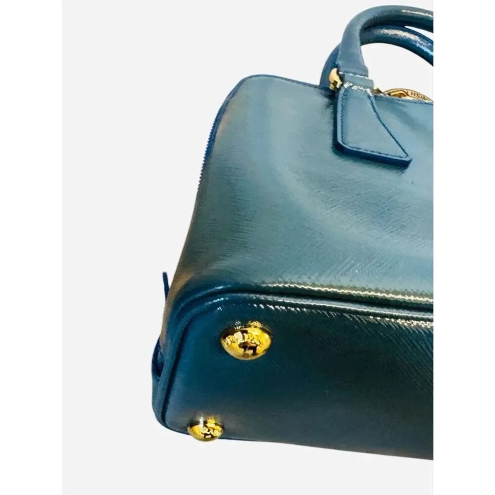 Prada Azzuro Saffiano Vernice Leather Bowler Double-Top Handle Lux Promenade Bag
